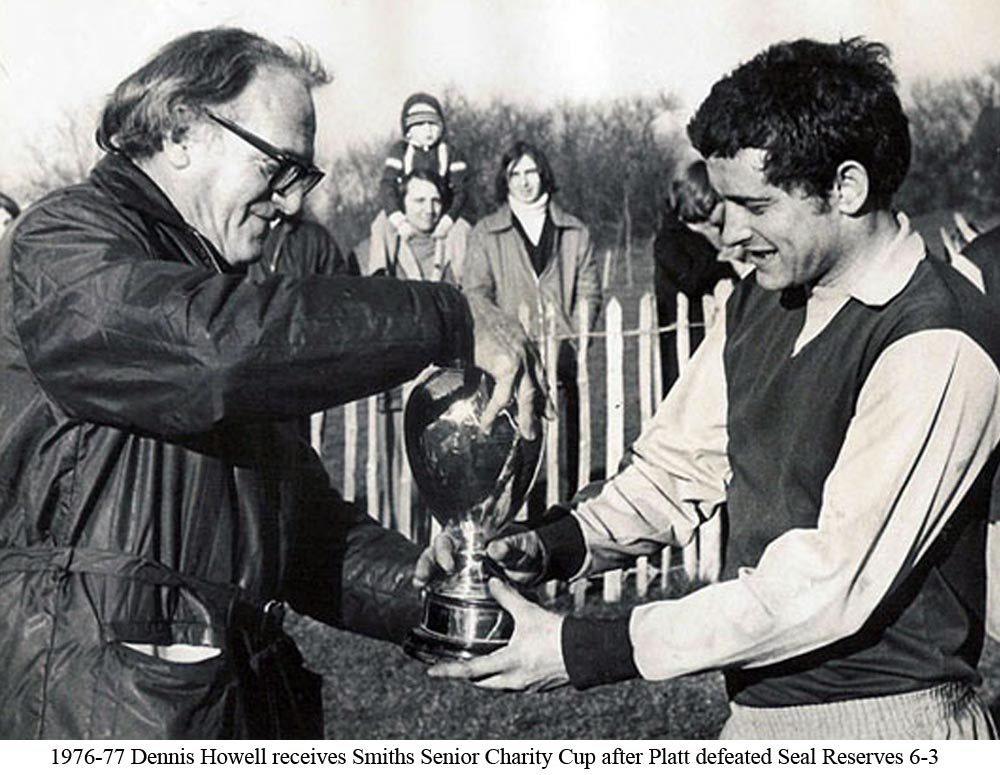 Platt FC Captain Dennis Howell receiving the Smiths Senior Cup trophy in 1976